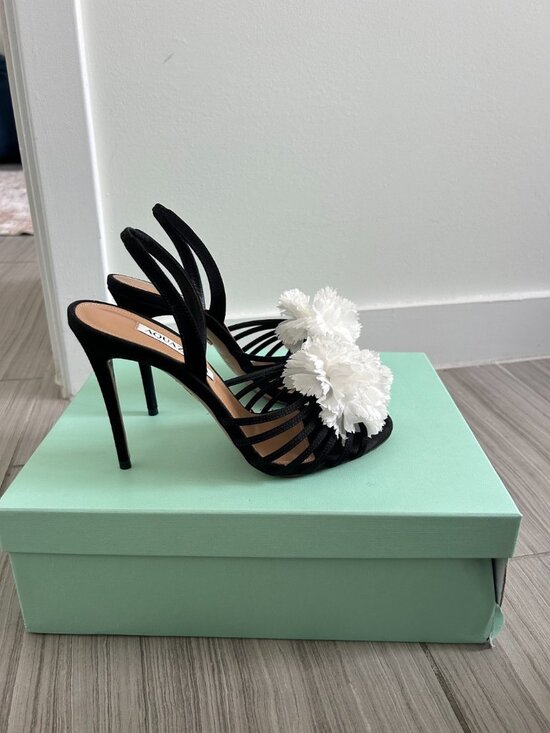 Aquazzura Love Generation 105 Black Satin Flower Sandals Heels main image 5